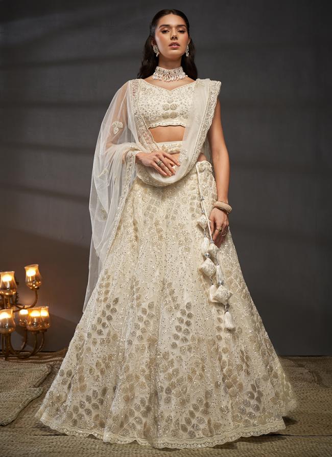 Net Cream Bridal Wear Sequins Work Lehenga Choli